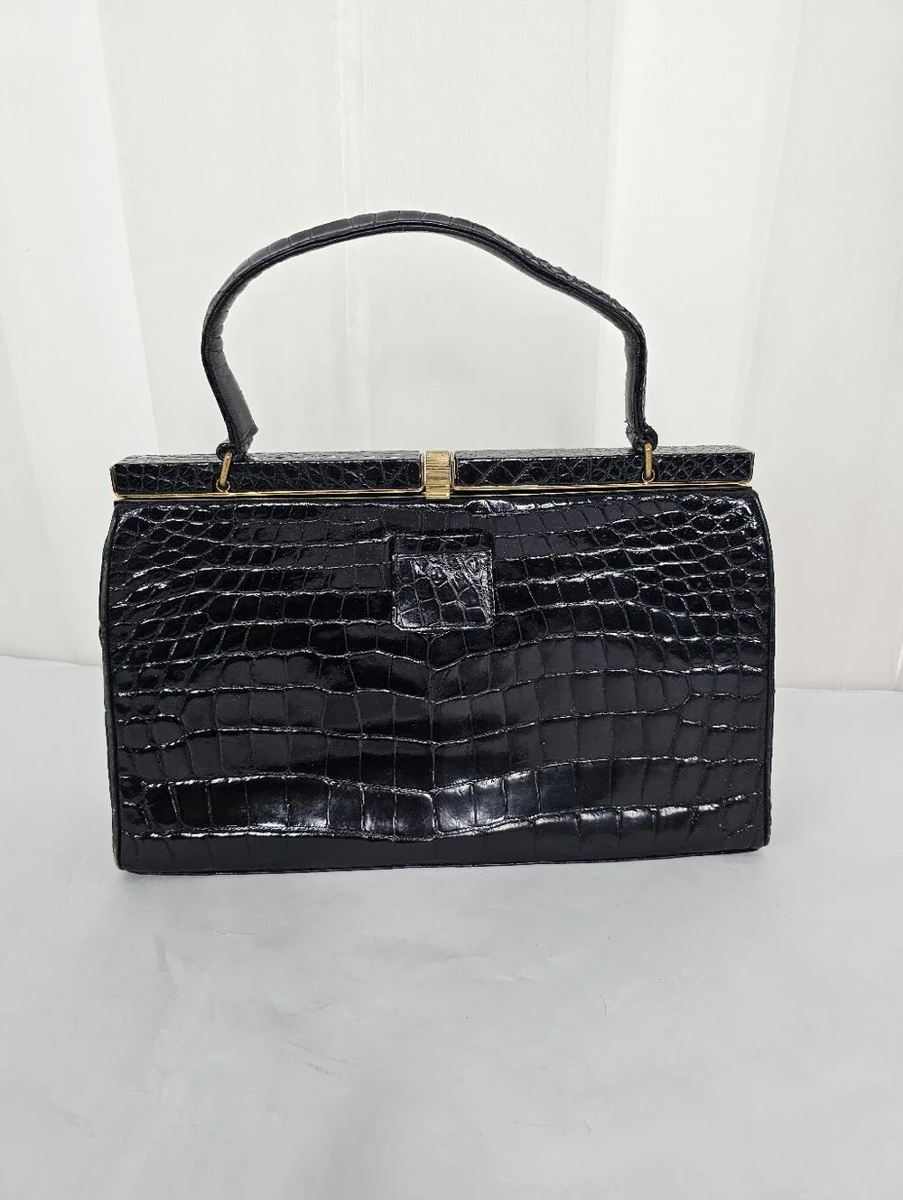 Vintage Rendl New York 1960s Original Black Alligator Top Handle Frame Bag